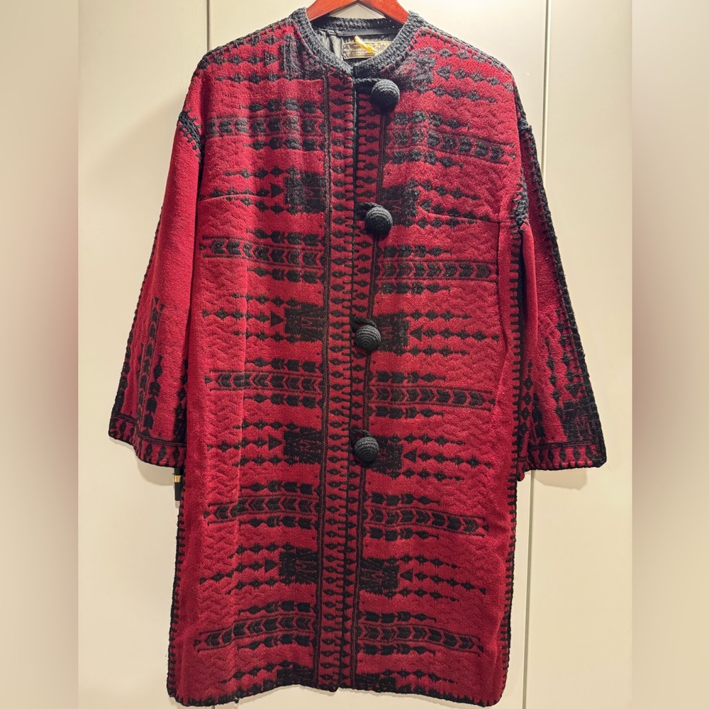 Vintage Handmade Red and Black Patterned Coat Greece embroidered Aztec ethnic
